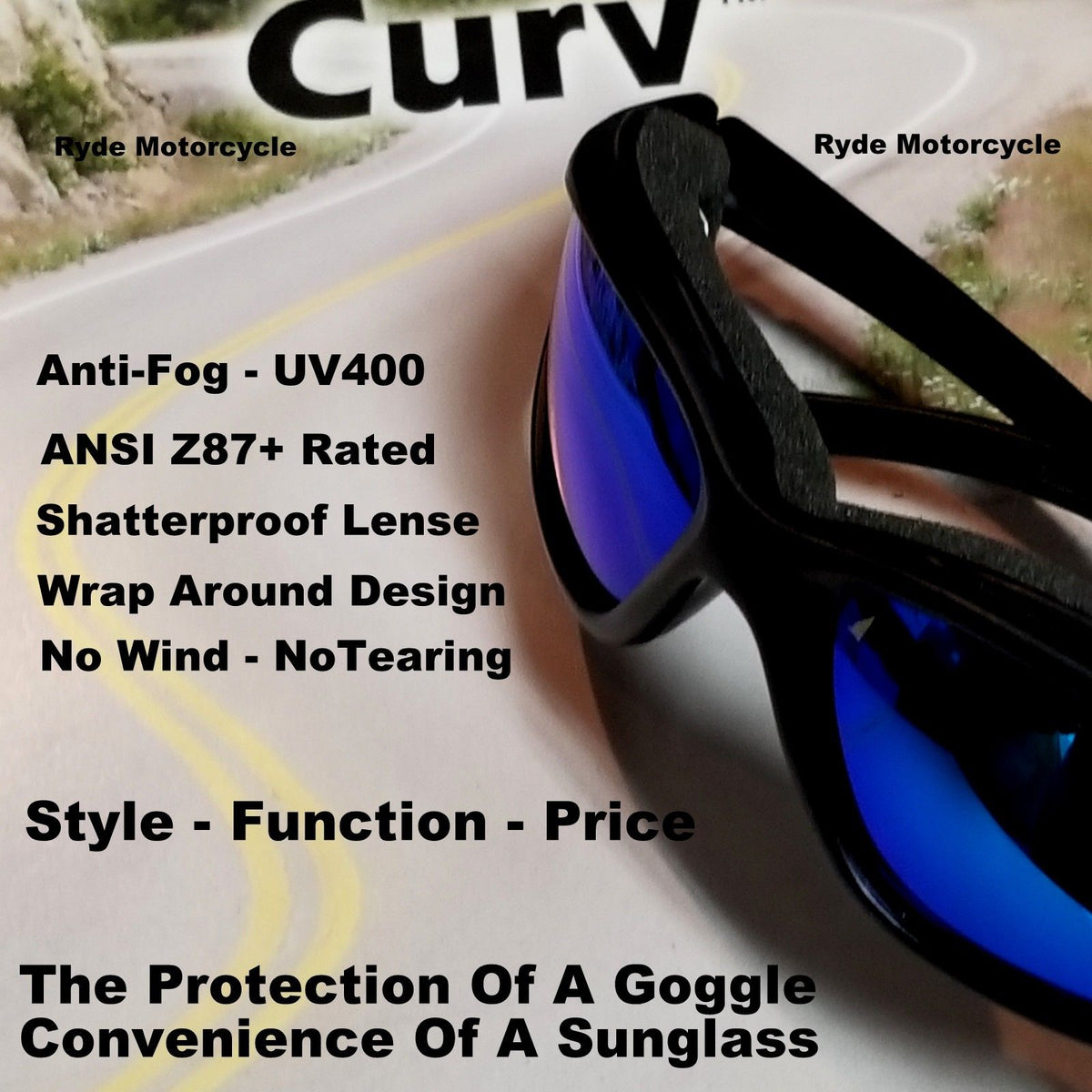Curv Z Shatterproof Blue Mirror Lenses Motorcycle Biker Sunglass No Wi –  Ryde-Motorcycle
