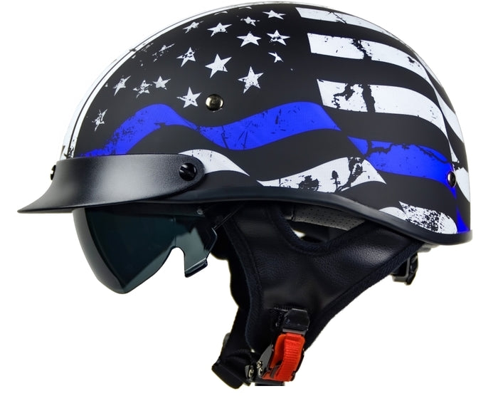 Vega Warrior D.O.T. Back the Blue Half Helmet w/ Drop Down Smoke Shiel – Ryde-Motorcycle