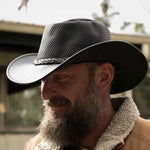 Black Leather Vented Western Style Crushable Cowboy Hat