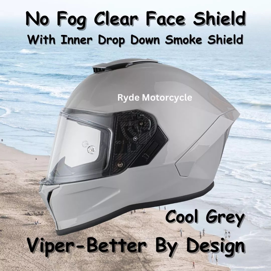 Daytona Viper Cool Grey DOT Full Face Motorcycle Helmet No Fog Face Shield - V1-CG