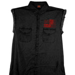 MENS RED FLAG BULLETS SLEEVELESS BLACK DENIM BIKER CUT OFF SHIRT