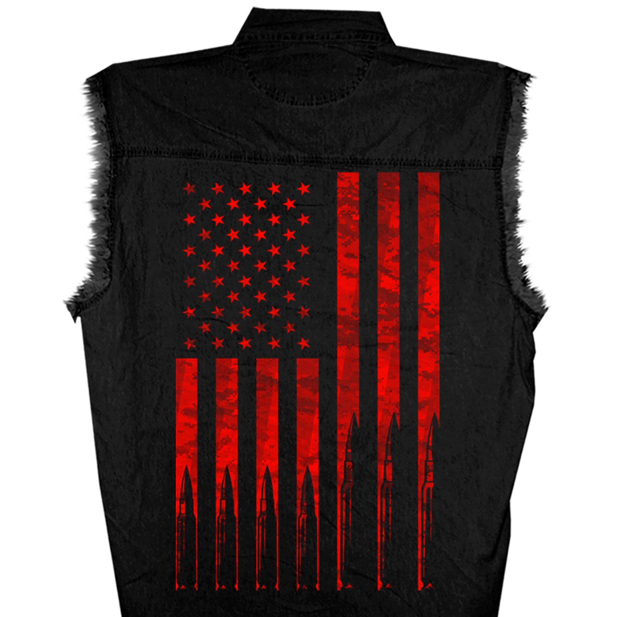 MENS RED FLAG BULLETS SLEEVELESS BLACK DENIM BIKER CUT OFF SHIRT