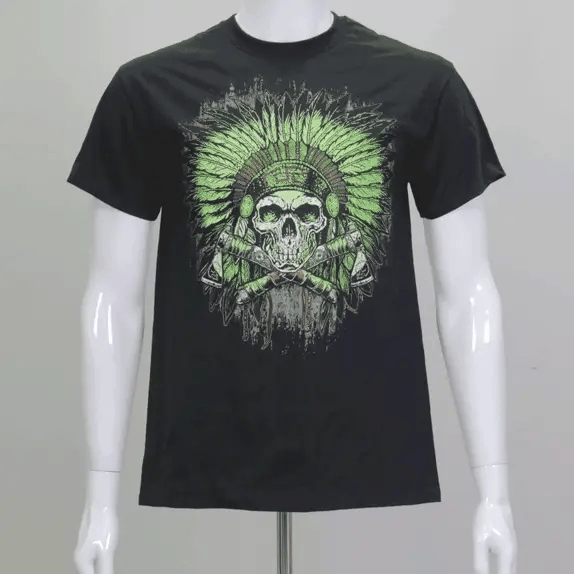 Green Indian Headdress Skull Black T-Shirt