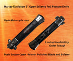 Harley Davidson 9" Stiletto Knife - Push Button Open - Mirror Polished Blade and Bolster