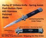 Harley Davidson 9" Stiletto Knife - Push Button Open - Mirror Polished Blade and Bolster