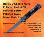 Harley Davidson 9" Stiletto Knife - Push Button Open - Mirror Polished Blade and Bolster