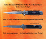 Harley Davidson 9" Stiletto Knife - Push Button Open - Mirror Polished Blade and Bolster