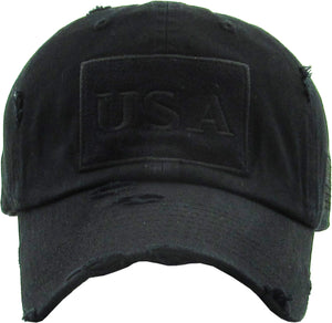 Black USA Side Flag Vintage Style Distressed Hat