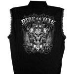 MENS RIDE OR DIE SKULL SLEEVELESS BLACK DENIM BIKER CUT OFF SHIRT