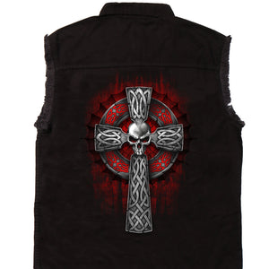 MEN'S CELTIC SKULL CROSS SLEEVELESS BIKER CUT OFF SHIRT