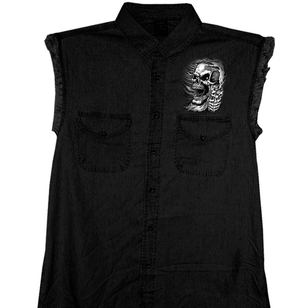 MENS ASSASSIN SLEEVELESS BLACK DENIM BIKER CUT OFF SHIRT