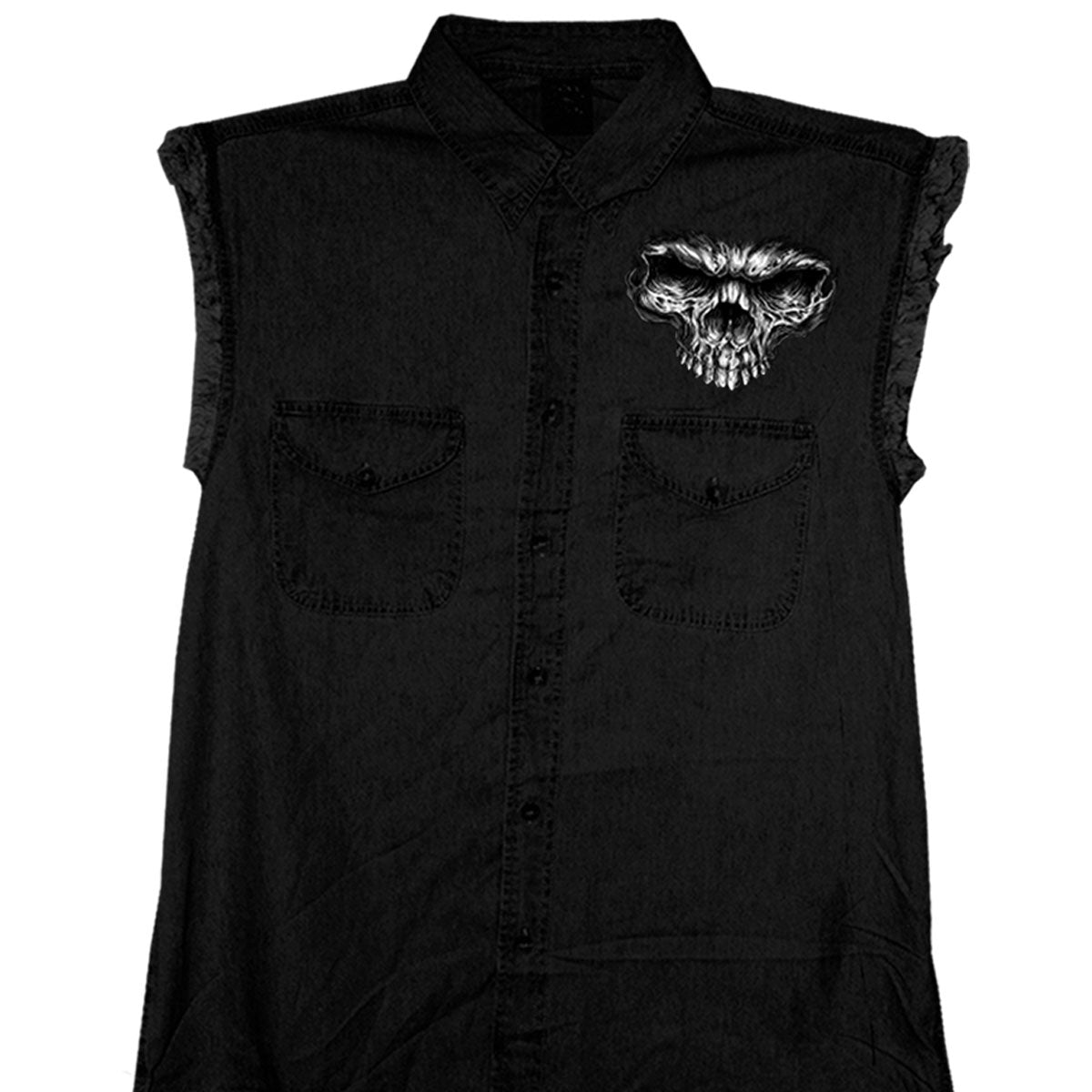 MENS SHREDDER SKULL BLACK SLEEVELESS DENIM BIKER CUT OFF SHIRT