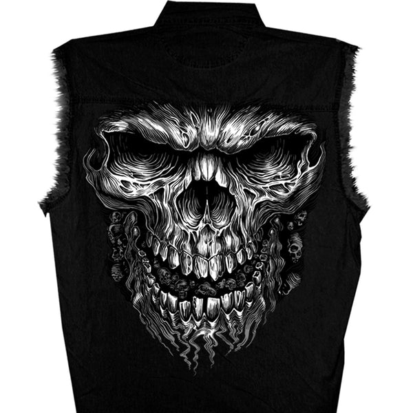 MENS SHREDDER SKULL BLACK SLEEVELESS DENIM BIKER CUT OFF SHIRT