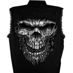 MENS SHREDDER SKULL BLACK SLEEVELESS DENIM BIKER CUT OFF SHIRT