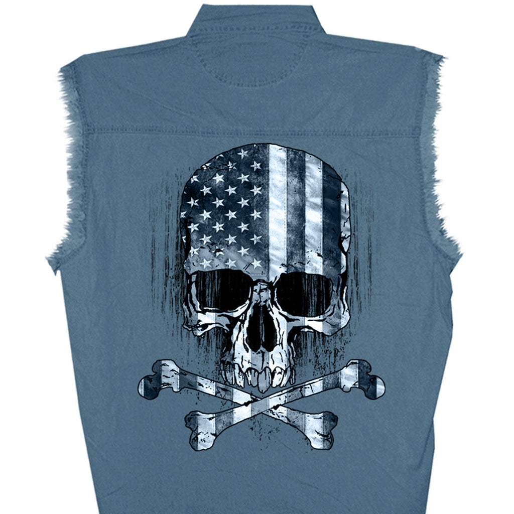MEN'S FLAG AND SKULL SLEEVELESS BLUE DENIM BIKER CUT OFF