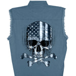 MEN'S FLAG AND SKULL SLEEVELESS BLUE DENIM BIKER CUT OFF