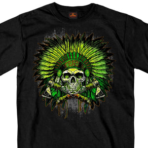 Green Indian Headdress Skull Black T-Shirt