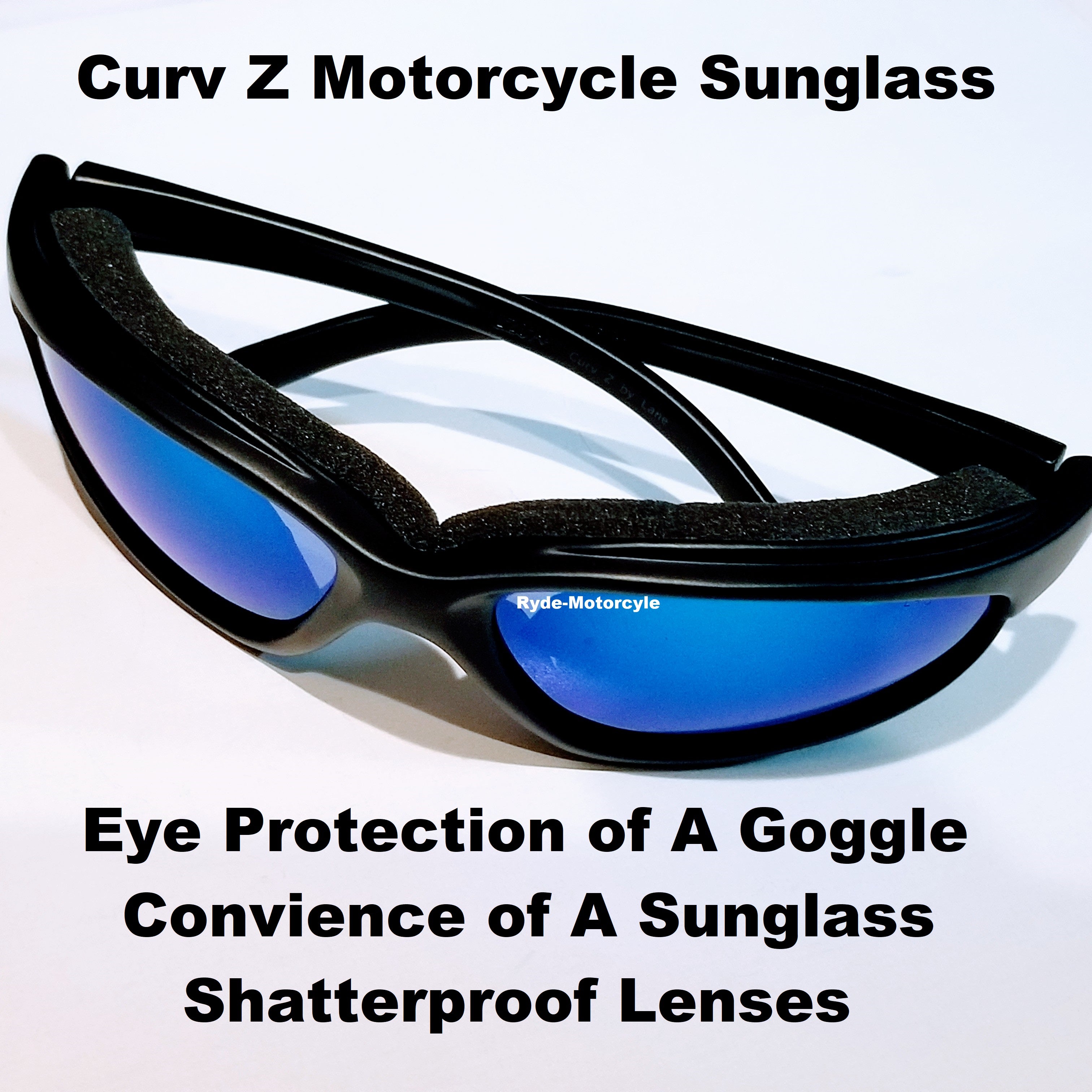 Curv Z Shatterproof Blue Mirror Lenses Motorcycle Biker Sunglass No Wind Anti-Fog 02-19