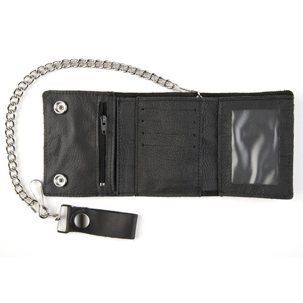 TC315 4.5" Tri-fold Wallet w/ Chain - Black Leather w/ Silver Snaps