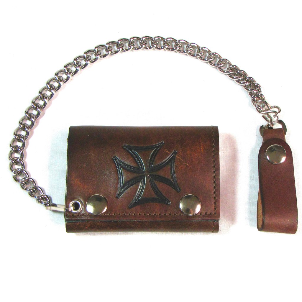 AT304-137 Tri-Fold 4.5" Iron Cross Antique Brown Leather Biker Chain Wallet
