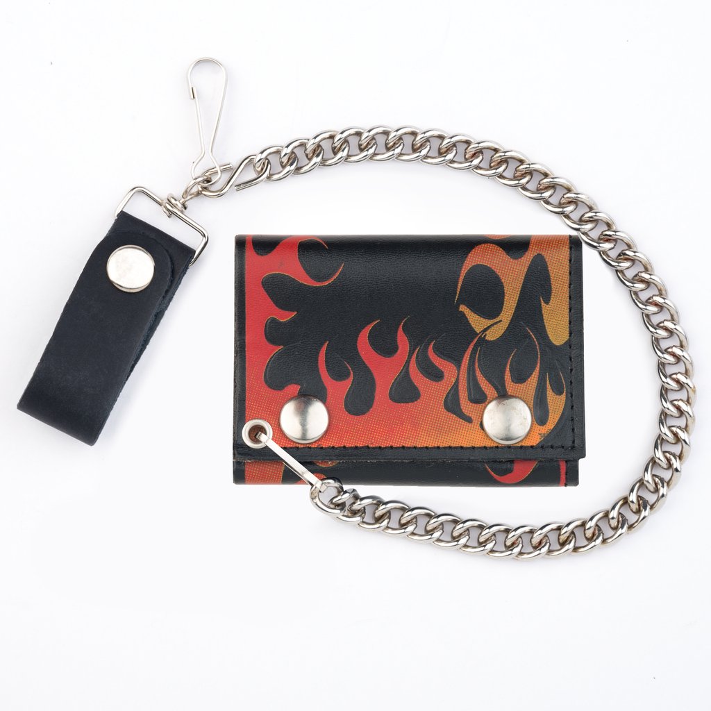 TC304C-111 Trifold 4" Red Flames Biker Chain Wallet