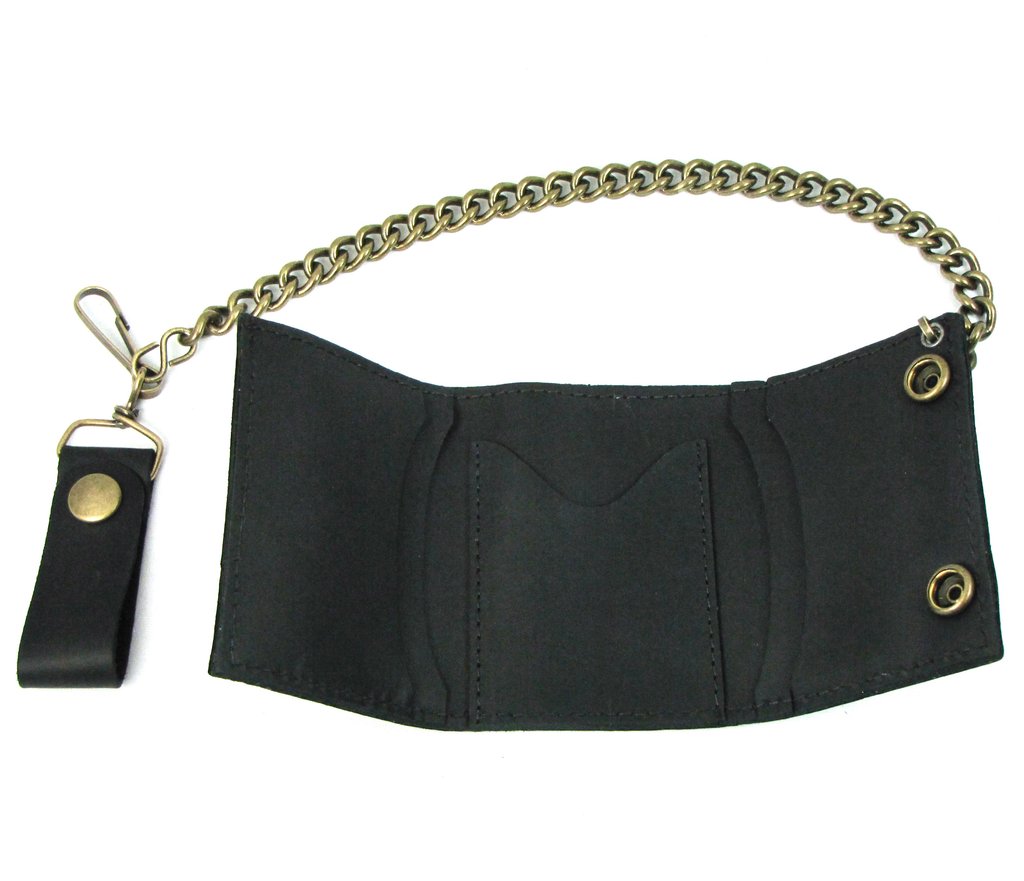 OTB334 Tri-fold Two Snap Black with Brass Chain and Snaps Biker Wallet