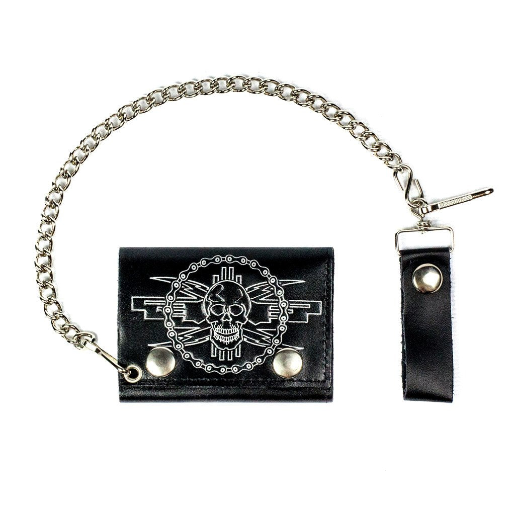 TC304-54 Tri-Fold 4.5" Skull w/ Motorcycle Chain Leather Biker Chain Wallet