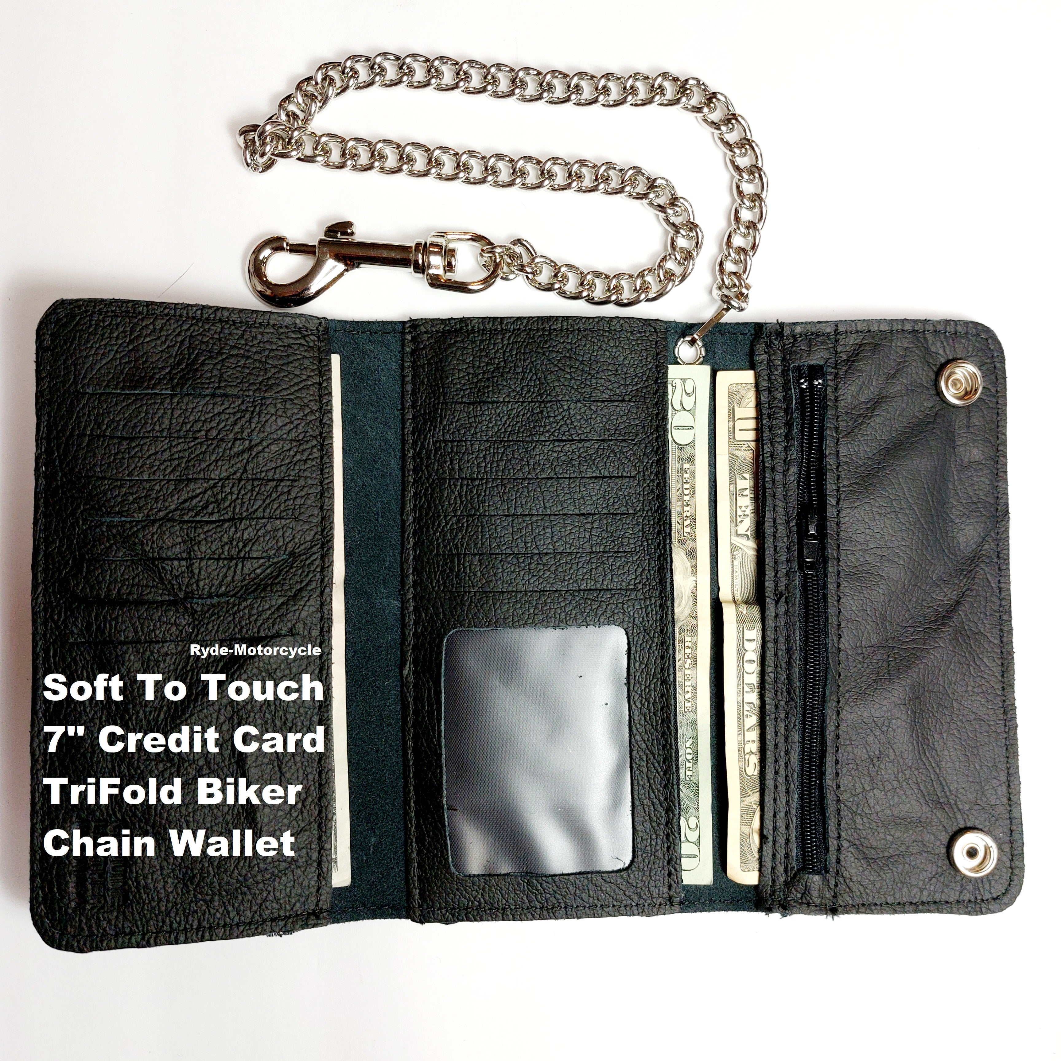 7" Trifold Credit Card Soft Leather Motorcycle Chain Wallet BW339
