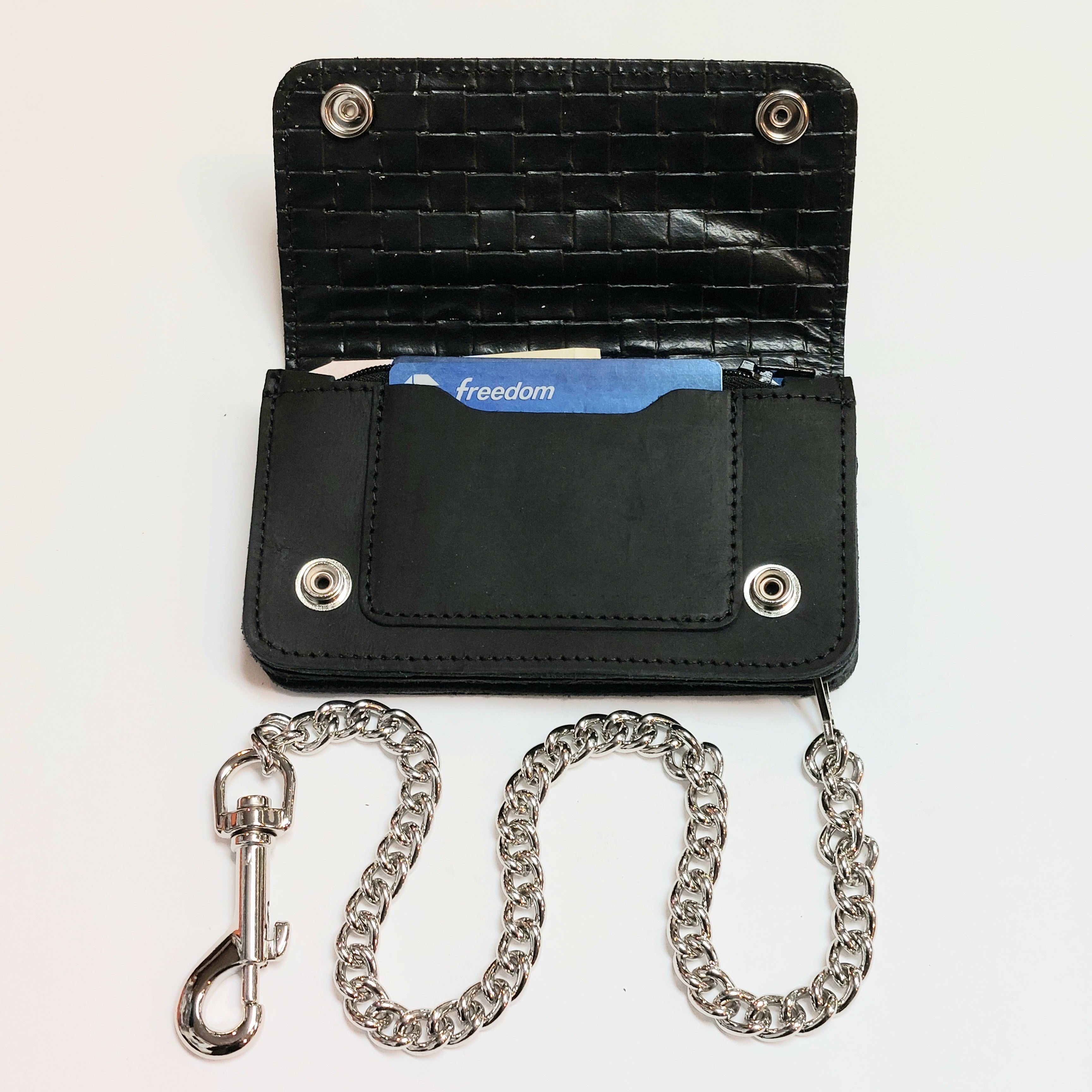 BW420 Biker 6" Bi-Fold Outside Zippered Pocket Black Chain Wallet