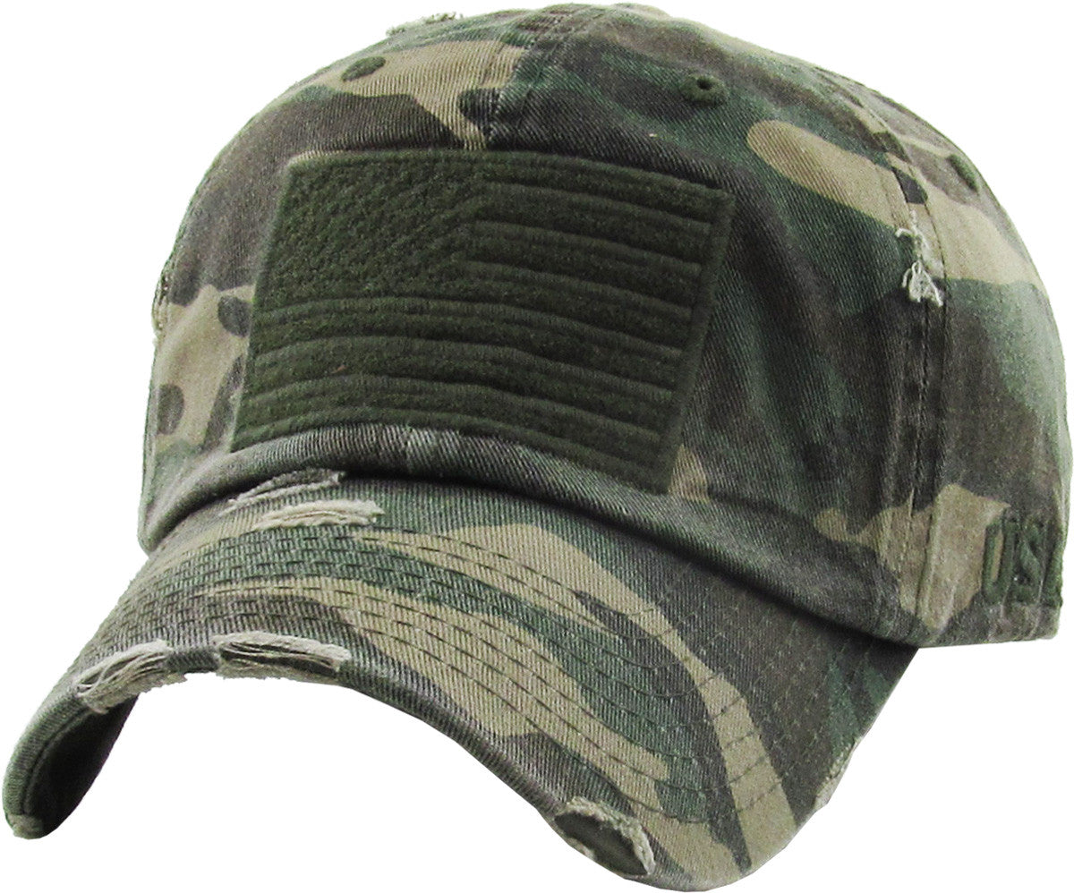 American Flag Vintage Style Distressed Hat - Camo