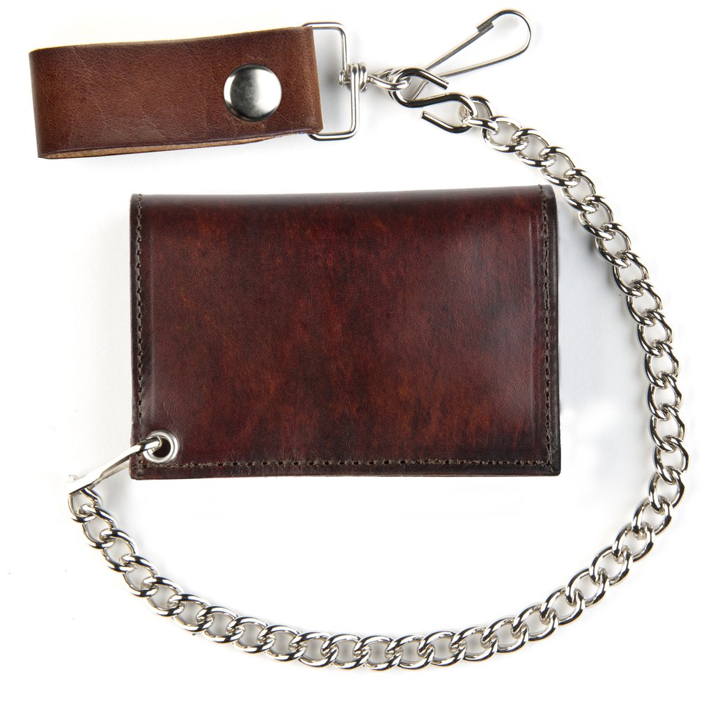 AT322-46 4.5" Tri-fold Wallet w/ Chain - Antique Brown Leather