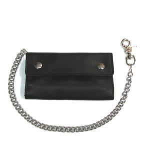 BW350 7" Credit Card Trifold Soft Black Leather Biker Chain Wallet