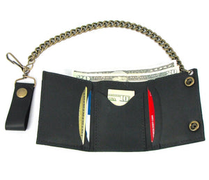 OTB334 Tri-fold Two Snap Black with Brass Chain and Snaps Biker Wallet