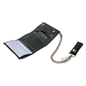 TC812 Trifold Two Snap Black Leather with White Stitching Biker Chain Wallet