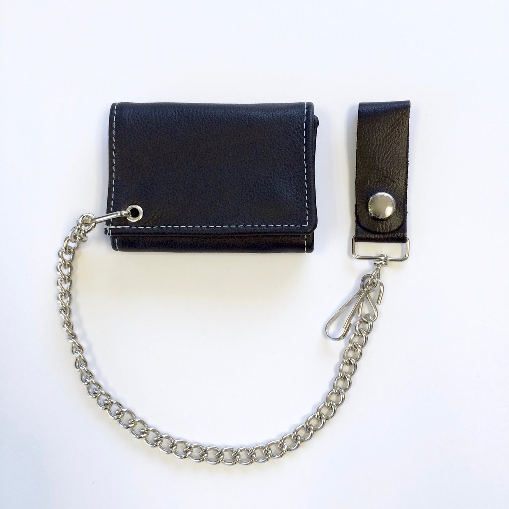 TC812 Trifold Two Snap Black Leather with White Stitching Biker Chain Wallet