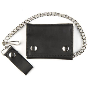 TC315 4.5" Tri-fold Wallet w/ Chain - Black Leather w/ Silver Snaps