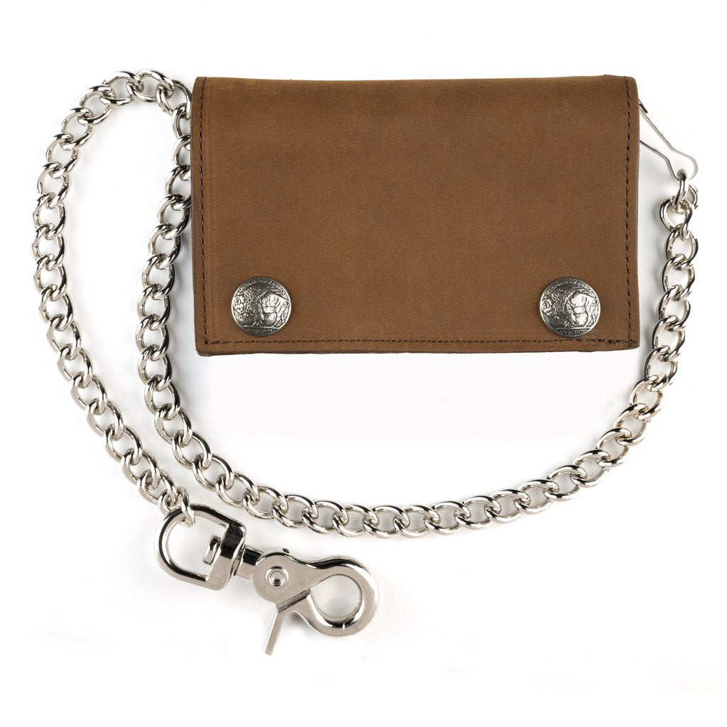 PUB337 5.75" Tri-fold Wallet w/ Chain - Brown Leather w/ Buffalo Snaps