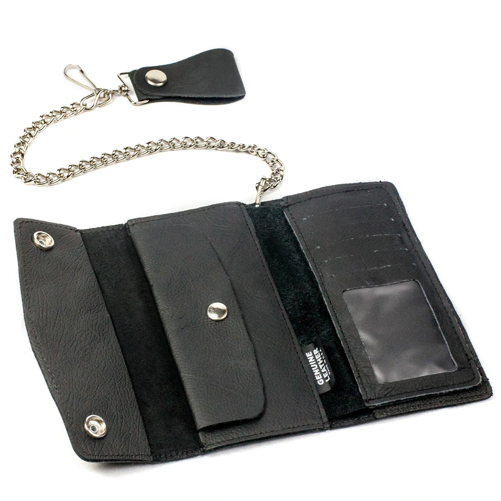 7" Bifold Checkbook Soft Black Leather Biker Style Chain Wallet BW855