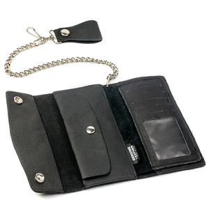 7" Bifold Checkbook Soft Black Leather Biker Style Chain Wallet BW855