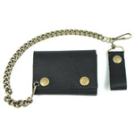 OTB334 Tri-fold Two Snap Black with Brass Chain and Snaps Biker Wallet