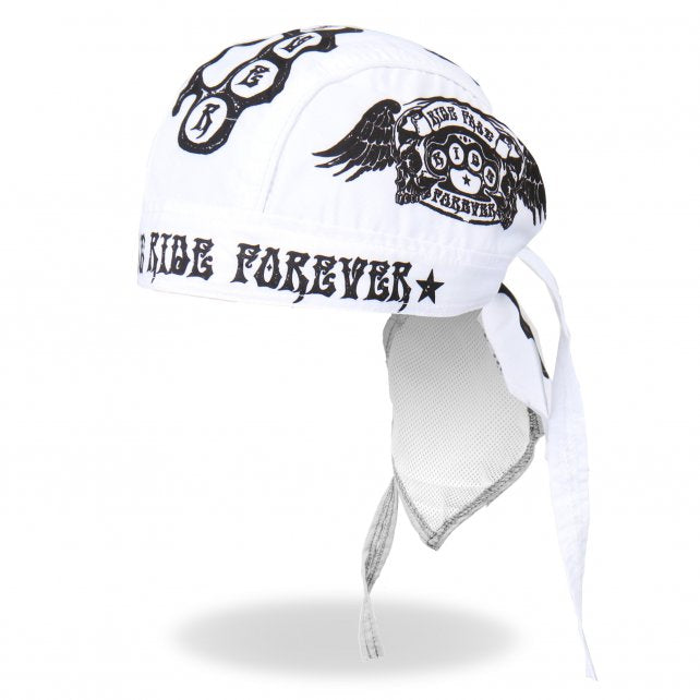 This headwrap features original artwork of winged brass knuckles and the text "Ride Fast, Ride Forever" in bright screen print.   • Sewn in sweatband • Microfiber panels • Mesh lining  • Back tie • Unisex • One size fits most