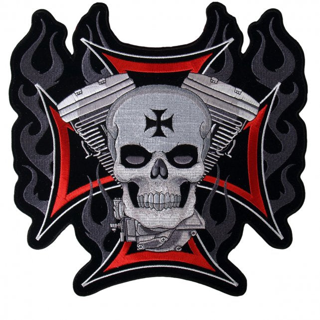 11" x 11" - Iron Cross with Motor Skull Large Back Patch