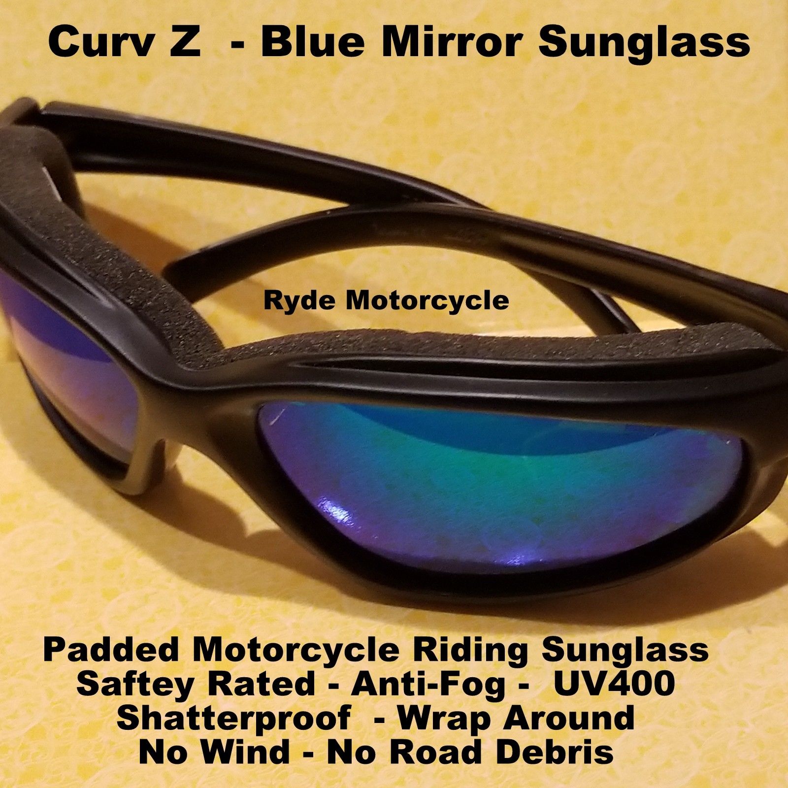 Curv Z Shatterproof Blue Mirror Lenses Motorcycle Biker Sunglass 