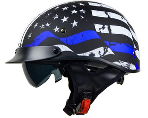 Vega Warrior D.O.T. Back the Blue Half Helmet w/ Drop Down Smoke Shiel – Ryde-Motorcycle Vega Warrior D.O.T. Back the Blue Half Helmet w/ Drop Down Smoke Shiel – Ryde-Motorcycle